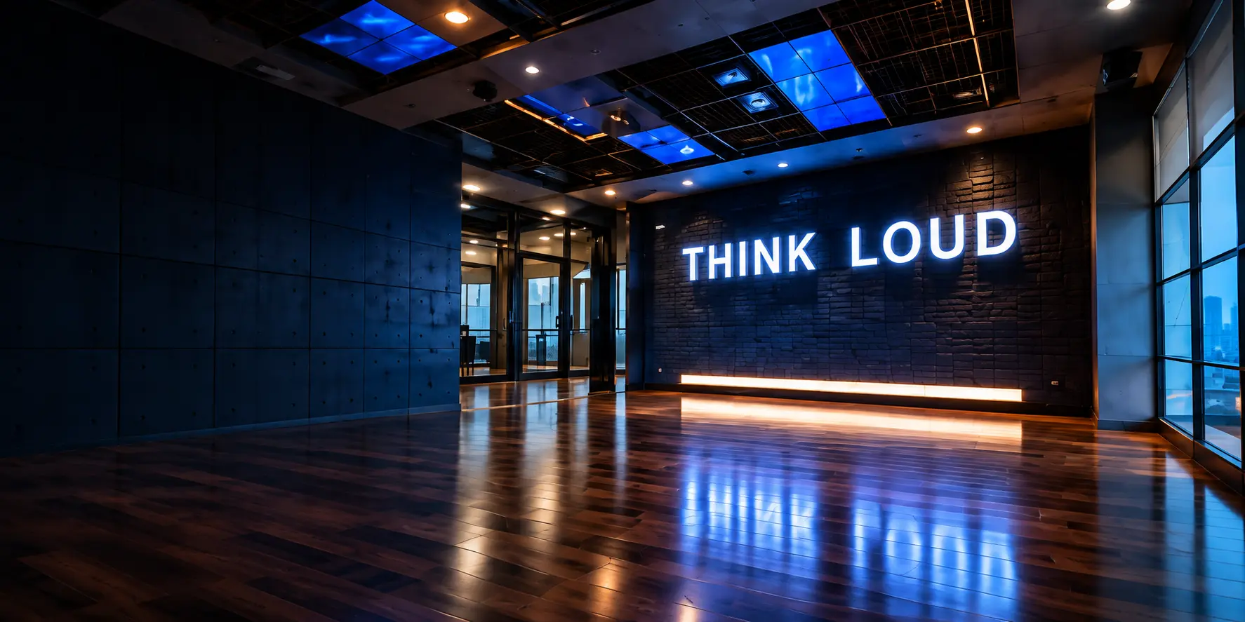 Think Loud lobby concept with glowing THINK LOUD sign