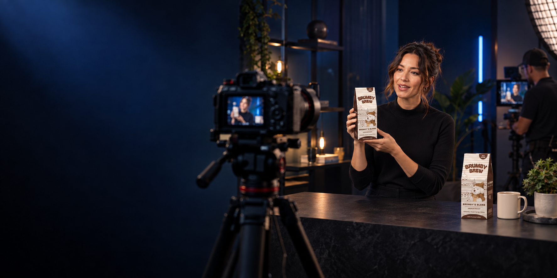 Concept rendering: a creator presenting Brumby Brew on camera during a studio product shoot