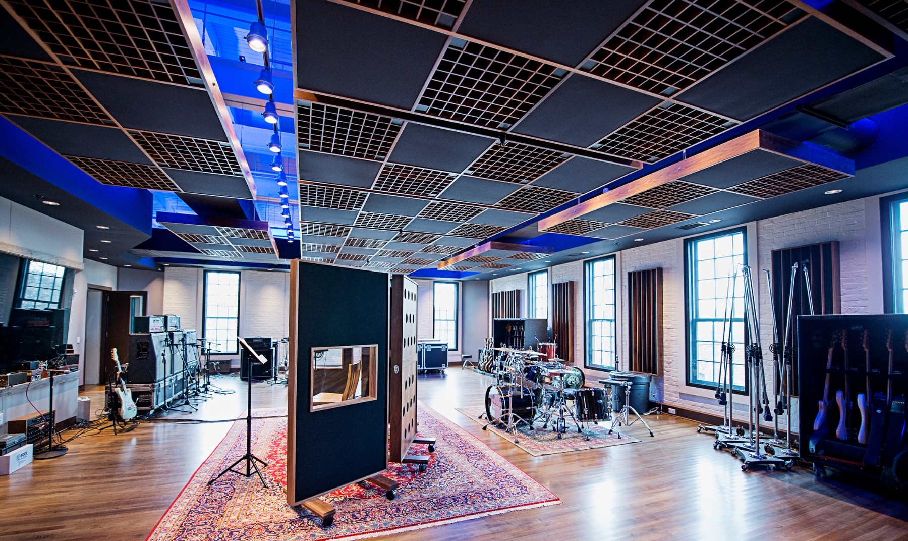 Think Loud Studios room A live room with LED lighting and drums