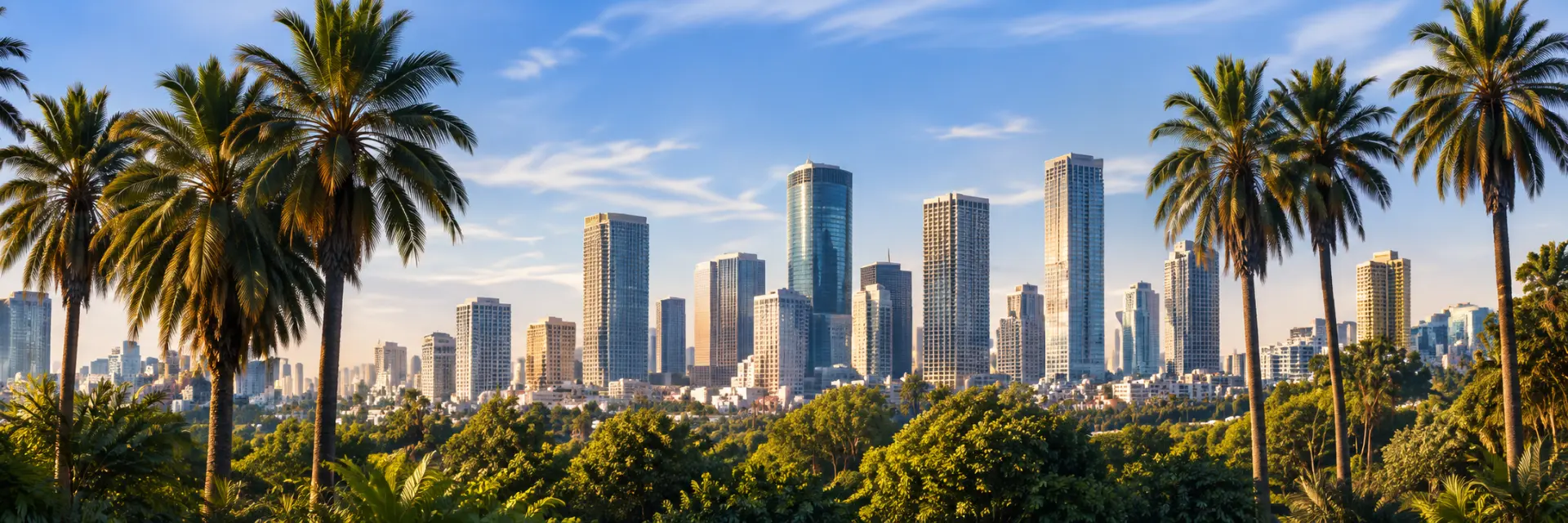 City skyline framed by palm trees
